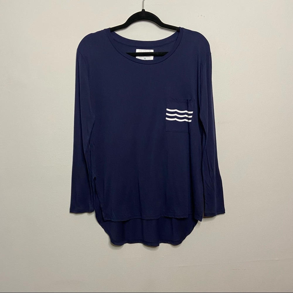 Anthropologie Sol Angeles Pocket Logo Stripes Wave Navy Long Sleeve Tee Shirt XS